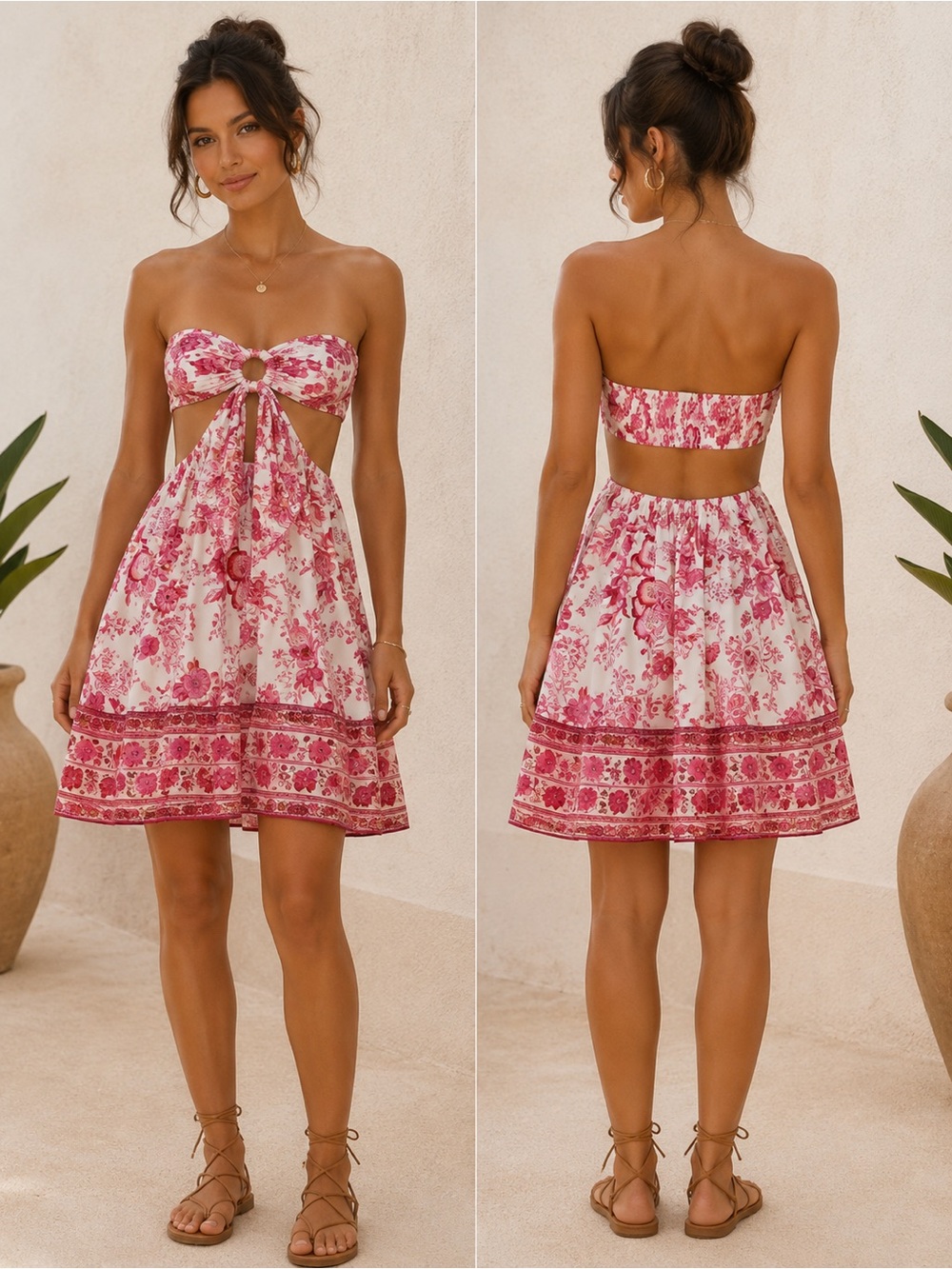 SHEIN Pink Floral Cutout Mini Dress Cottagecore Coquette Boho Small Vacation